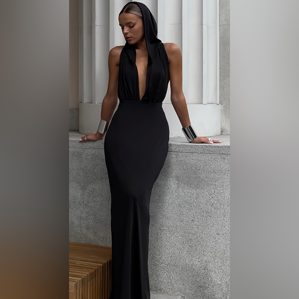 Hooded Black Sleeveless Dress w/ Slit
